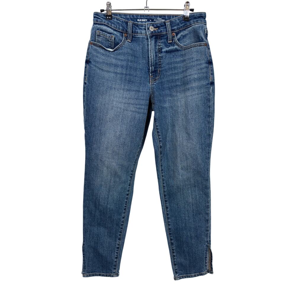 Old Navy O.G. Straight Jeans Womens 4 Blue High Rise Side-Slit Ankle Split Hem